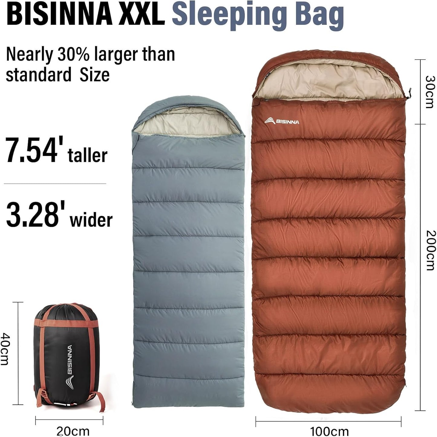 BISINNA XXL Slaapzak – Plus-Size 3/4-Seizoen Waterdicht Lichtgewicht voor Grote & Lange Volwassenen