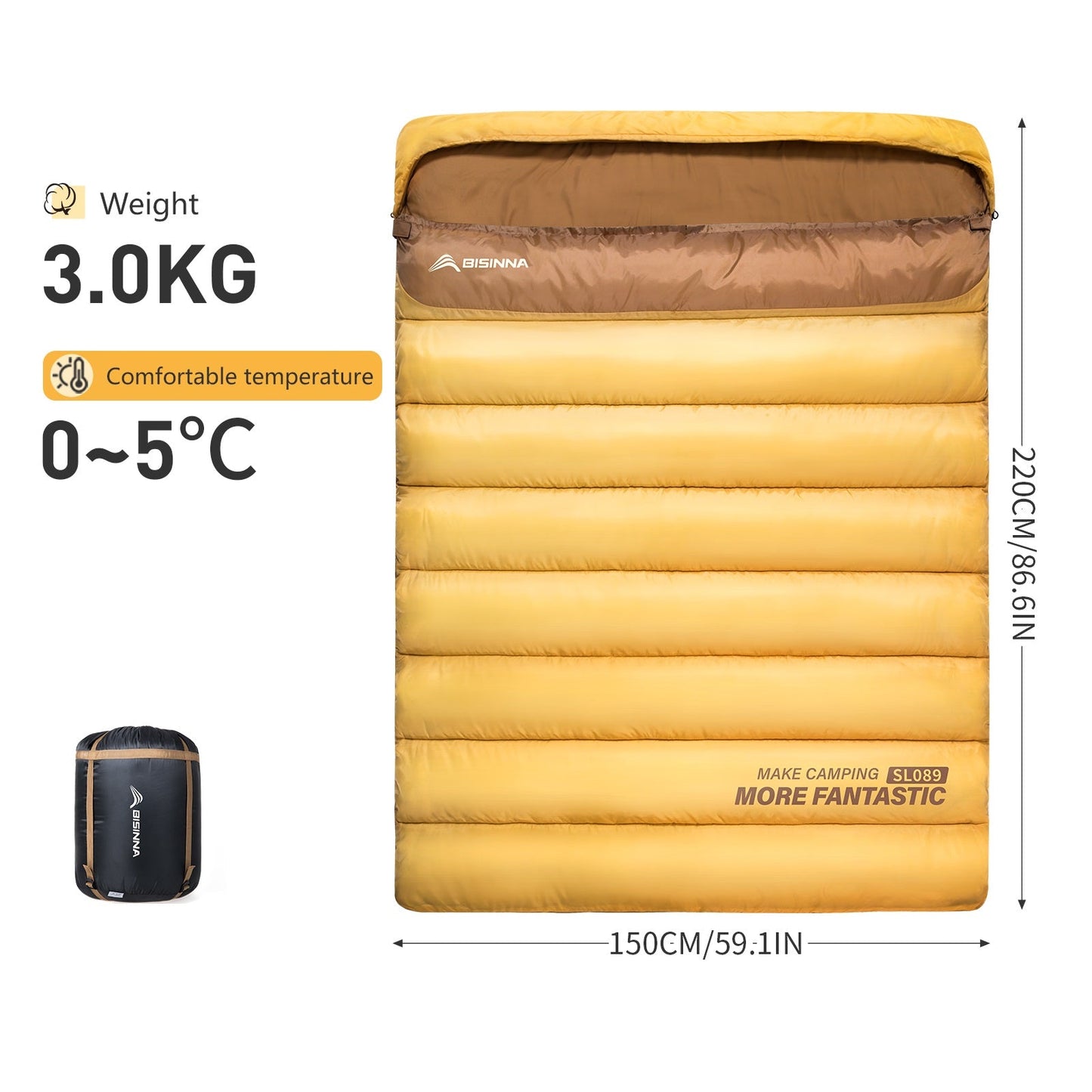 Bisinna 2-Persoons Slaapzak – Zachte Dubbele Slaapzak met Draagtas voor Outdoor & Reizen