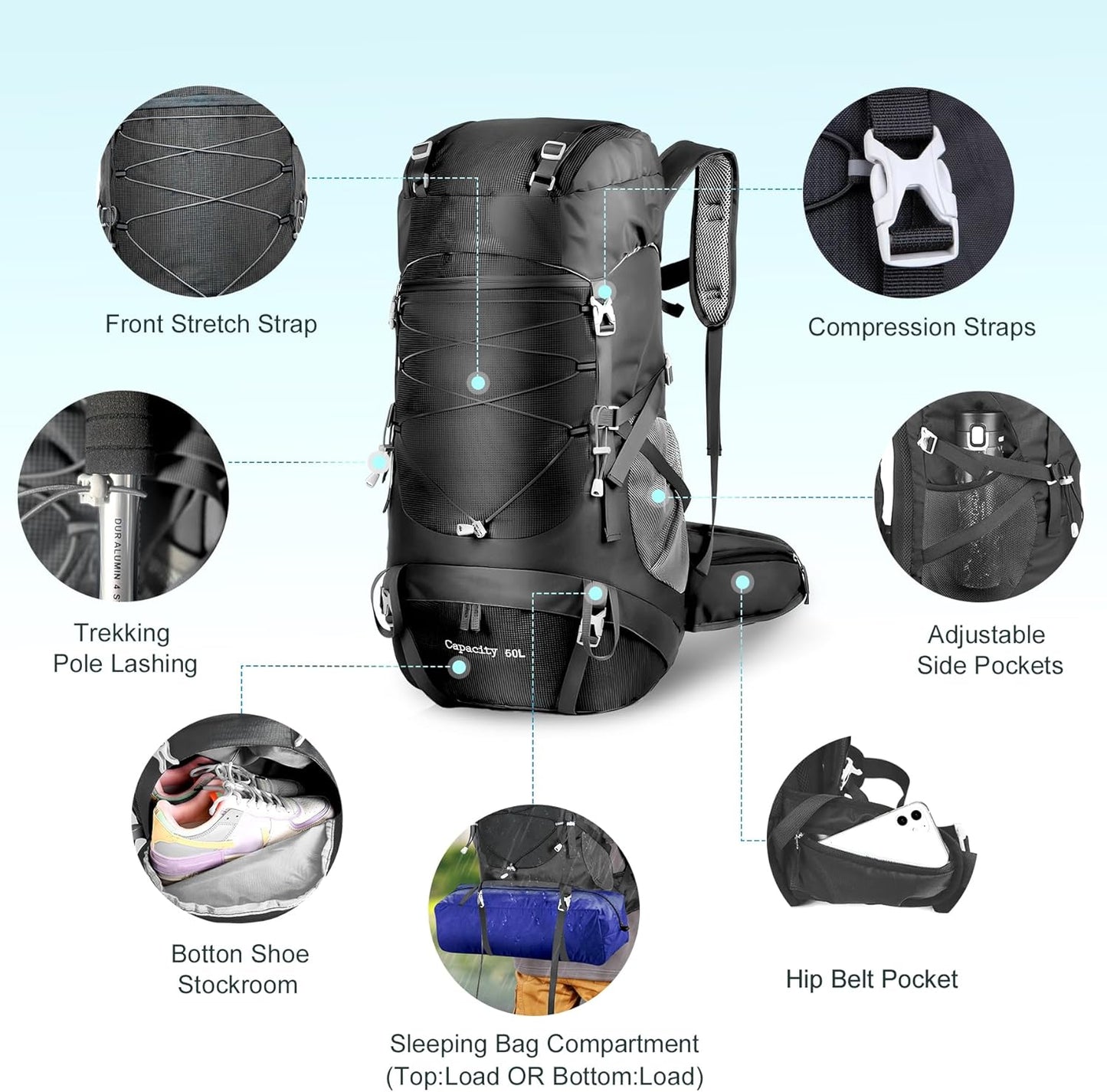 WEST TUNE 50L Hiking Backpack Camping Backpack, black