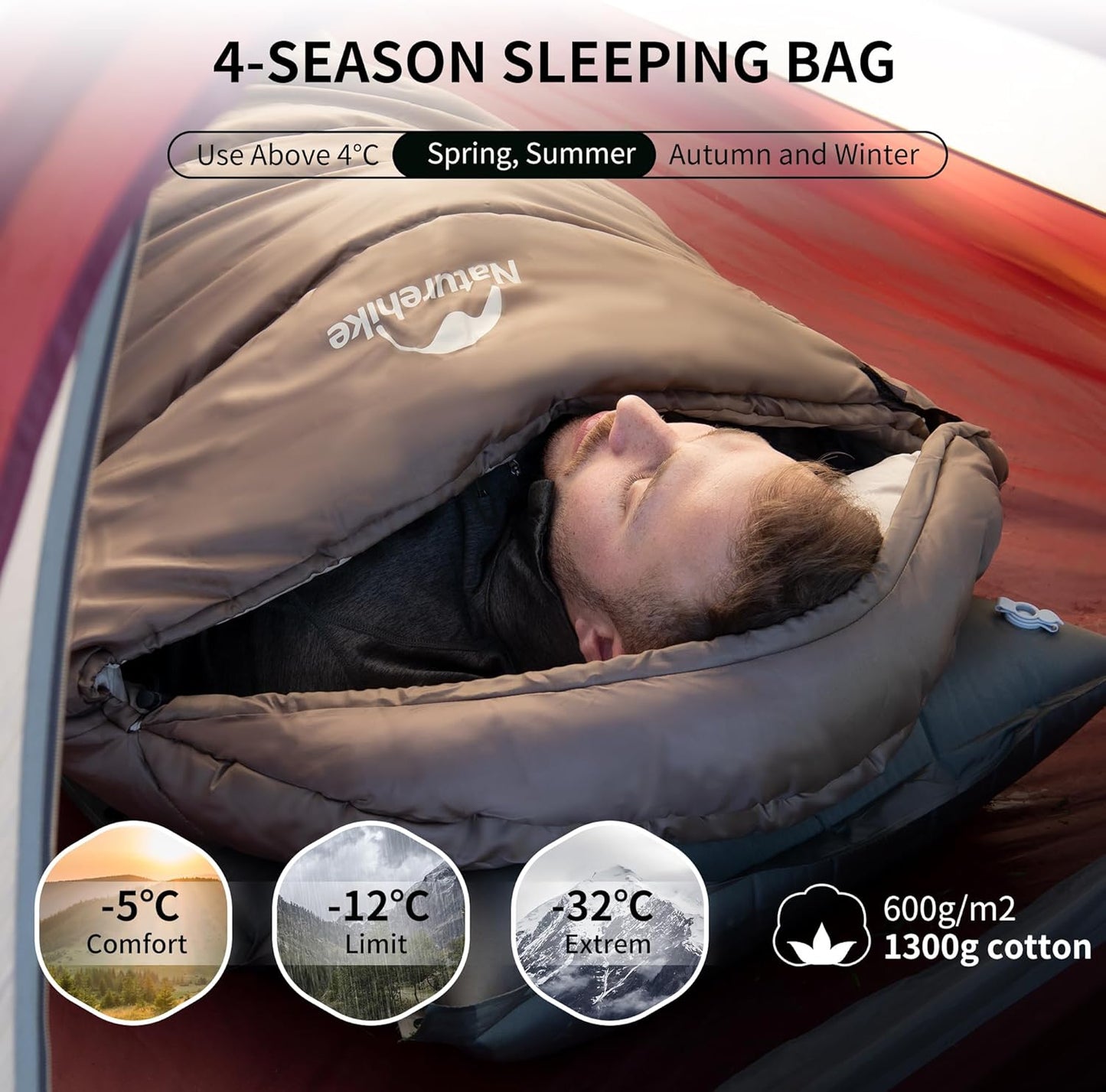 Naturehike Katoenen “Sarcofaag” 4-Seizoen Slaapzak – Ultracompact, Waterdicht, Voor Volwassenen & Kinderen