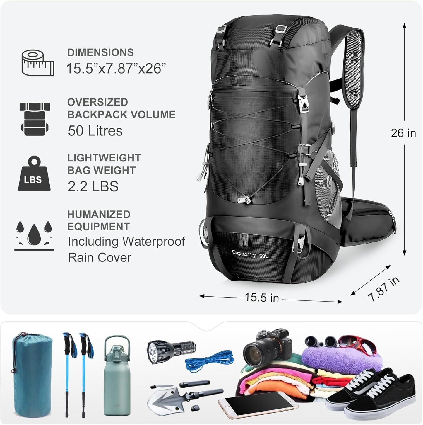 WEST TUNE 50L Hiking Backpack Camping Backpack, black