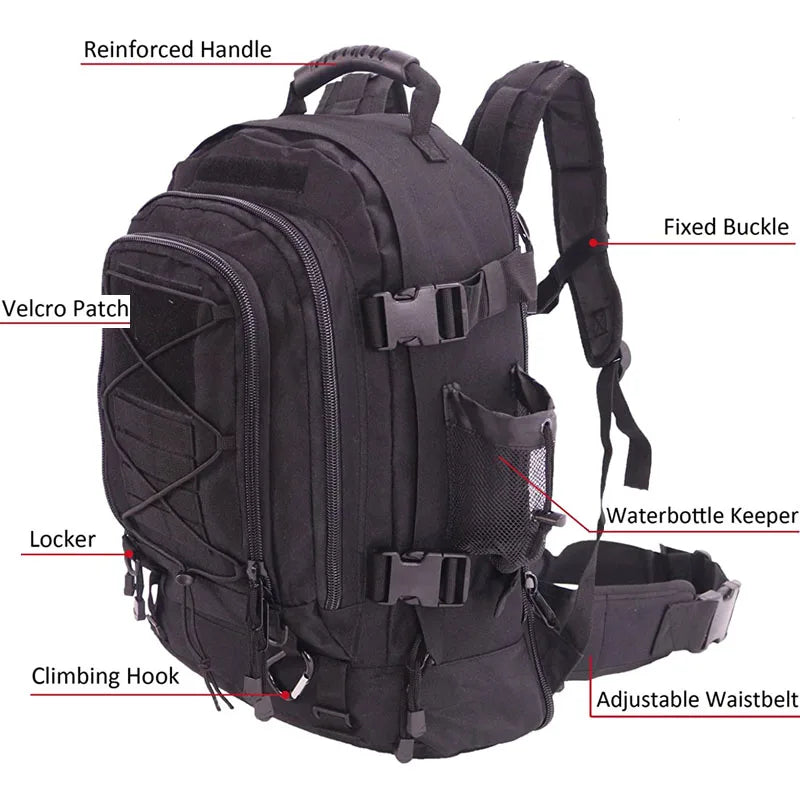 LQARMY Military Tactical Rugzak 60 L – MOLLE Systeem, Duurzaam & Geschikt voor Outdoor Hiking Kamperen