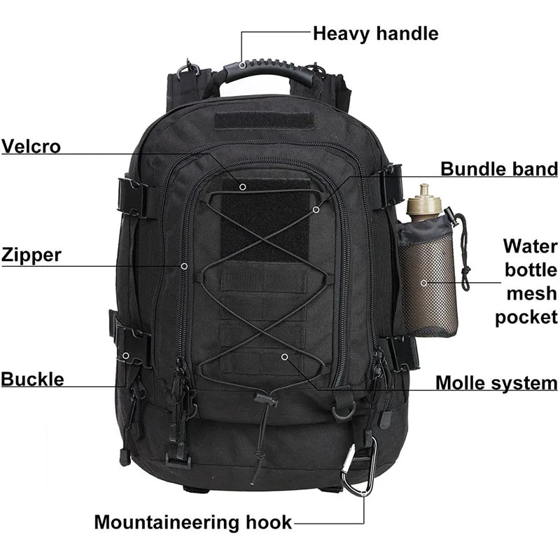 LQARMY Military Tactical Rugzak 60 L – MOLLE Systeem, Duurzaam & Geschikt voor Outdoor Hiking Kamperen