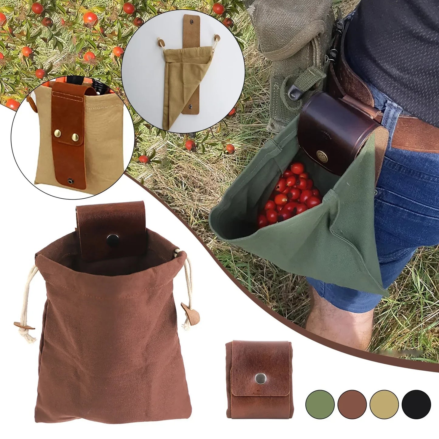Leren Foraging Tas – Bushcraft Heuptas voor Wildplukken en Outdoor Gebruik